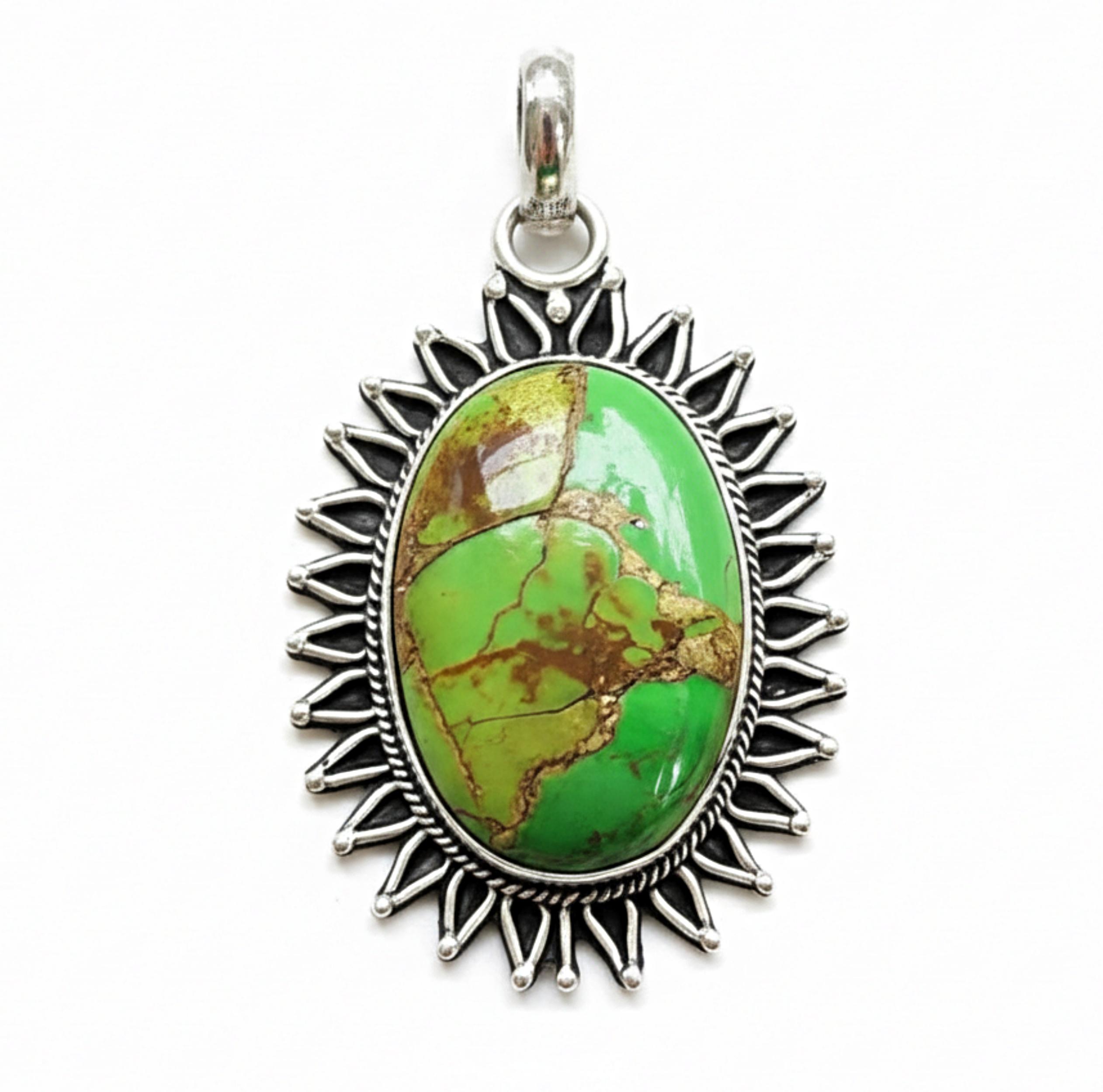 

Green Copper Turquoise Pendant, 925 Solid Sterling Silver, Sunburst Bezel Pendant, Women Necklace Pendant