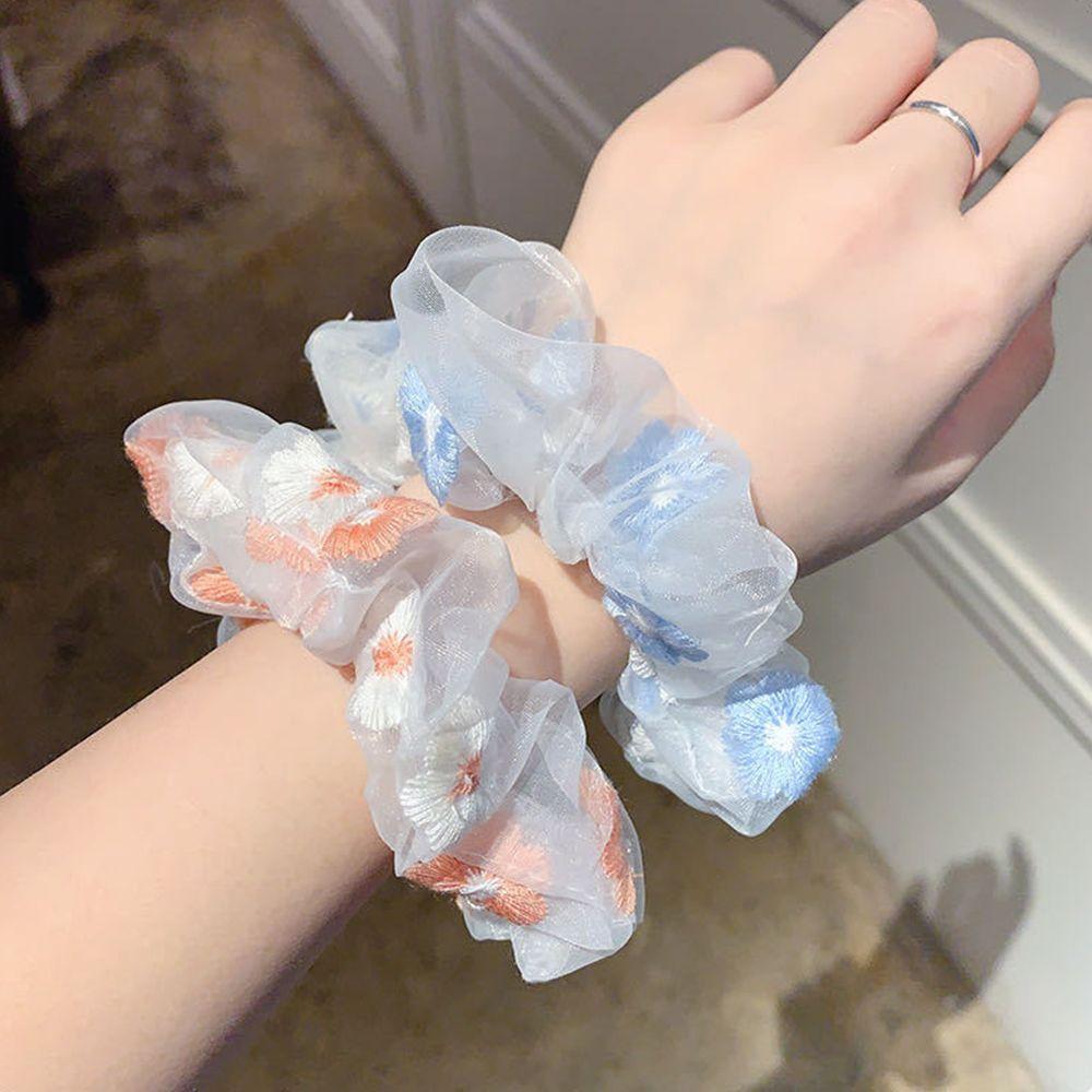 Women Korean Flowers Ponytail Holder Embroidery Elastic Scrunchie Hair Rope Rubber Band Hair Tie