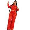 European and American Women's Clothing Long-sleeved Lapel Casual Striped Sexy Waist Short Top and Trousers African Temperament New Suit