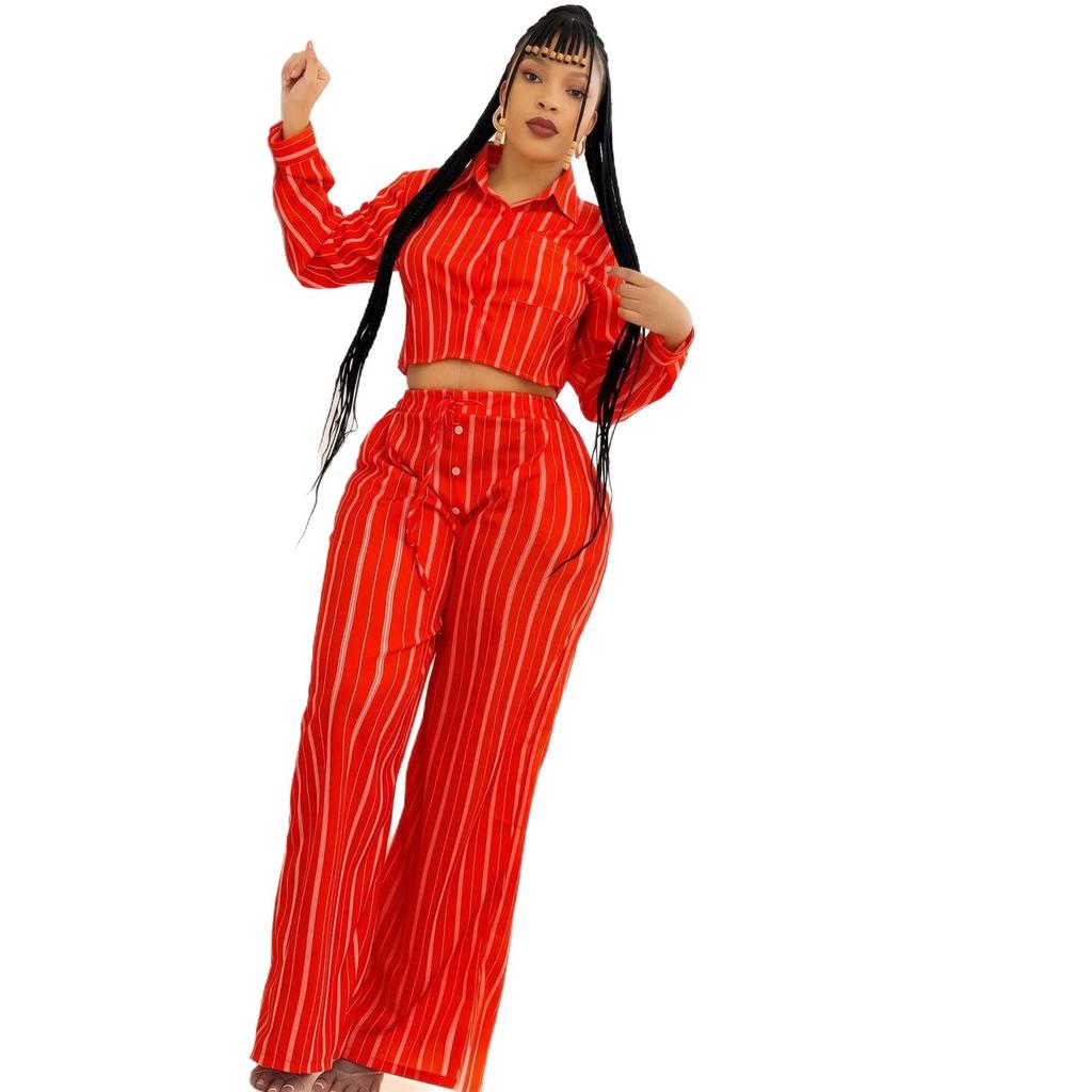 European and American Women's Clothing Long-sleeved Lapel Casual Striped Sexy Waist Short Top and Trousers African Temperament New Suit