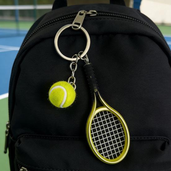 Keychain Tennis Racket Plush Ball Key Chain with Mini Pendant Metal Ring Compact Portable Sports Decoration