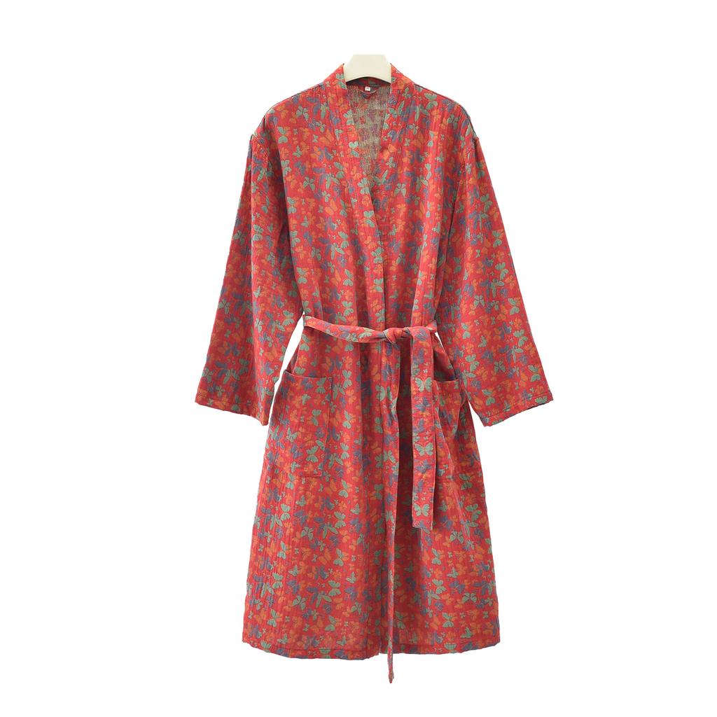 Ropa de dormir de algodón puro para parejas Kimono Bata de baño Manga larga Cuello en V Ropa de noche con cinturón y bolsillo Ropa para el hogar para hombres y mujeres
