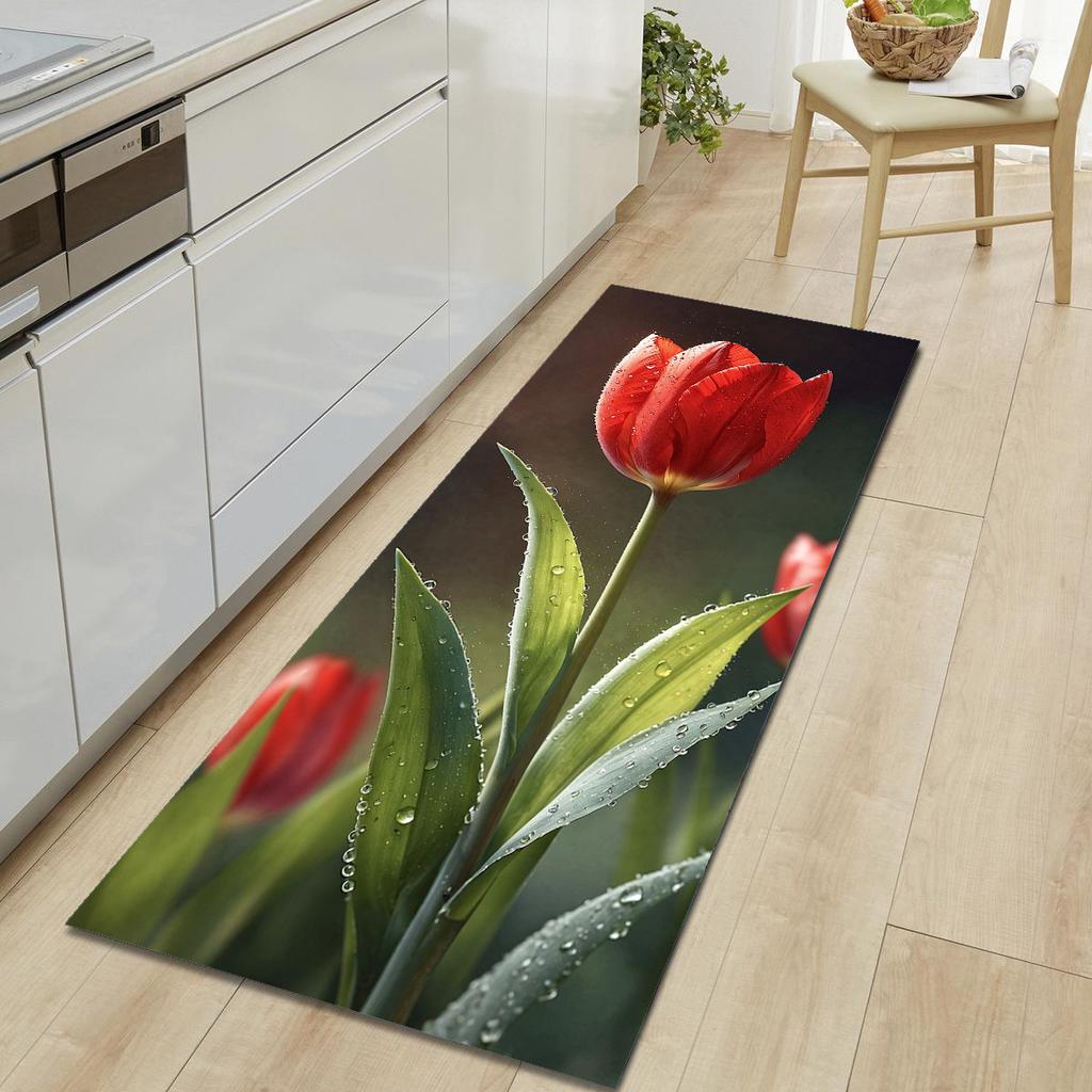 1Pcs Cat Rose Pattern Floor Mat Modern Kitchen Polyester Rug Non-Slip Colorful Indoor Carpet, For Home Bathroom Bedroom Living Room Decor