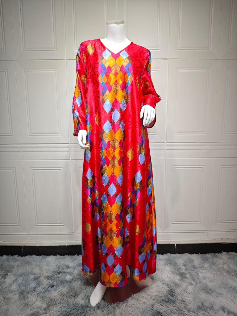 Elegant V-Neck Long Sleeve Dress with Hot Drill Print for Women