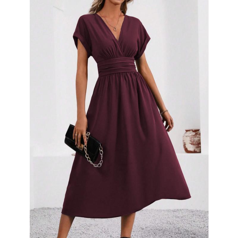 New Women's Elegant Solid Color Batwing Sleeve Maxi Dress, Overlap V-Neck Waist Pleated Long Dress for Summer Casual & Formal Occasions