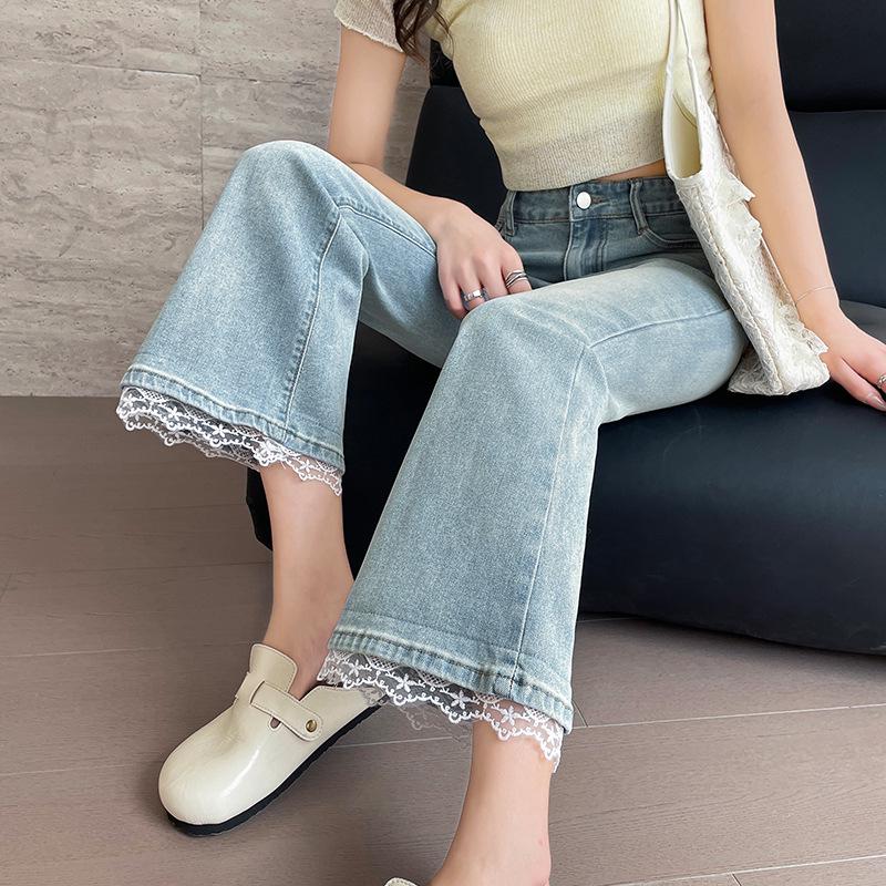 Dames Kant Patchwork Flare Jeans, Slim Fit Elastische Cropped Broek voor Lente/Herfst - Acht-Punten Show Dun Model voor Kleinere Figuren.