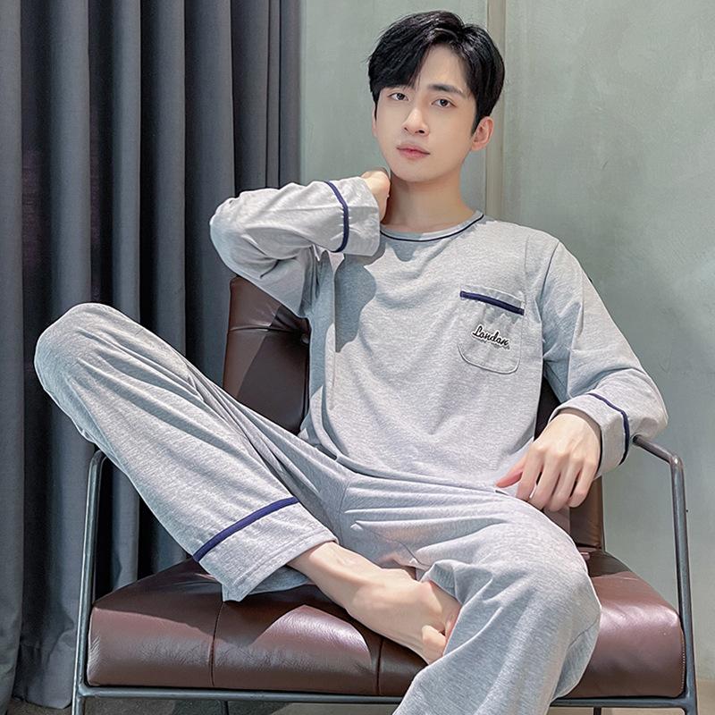 Frühlings-Baumwollpyjamas Herren Lounge Schlafbekleidung Blau Kariert Pijama Herren Morgenmantel Hauskleidung PJ Pijama Hombre