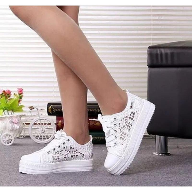 Summer New Lace-up Mesh Casual Shoes Flat-soled Thick-soled White Shoes Women's Breathable Hollowed-out Lace Muffin Women's Single Shoes