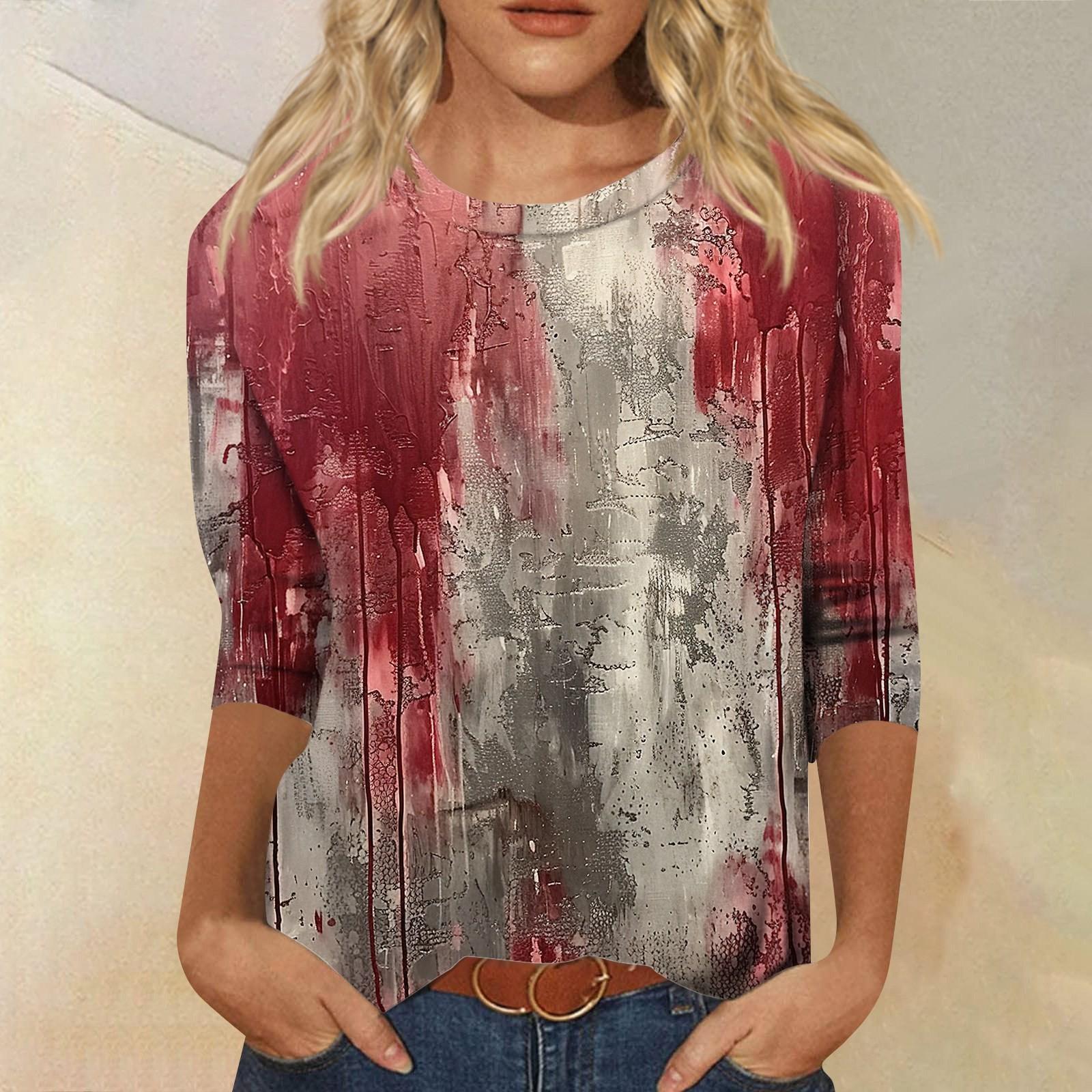 

Women s Tops Three-quarter Sleeve Shirt V-neck Loose Casual Shirt Print T-shirt L винний