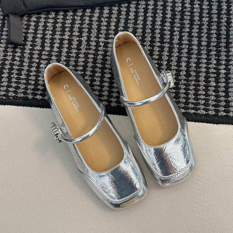 One-word buckle Mary Jane small leather shoes with skirt low-heeled evening shoes women's 2025 summer new French shallow mouth single shoes