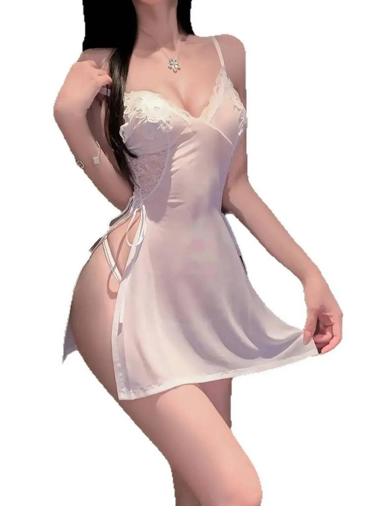 Sexy Pure Desire Dress Sweet Spicy Girl Lace Trim Dress Nightclub Wear Solid Color Transparent Sleeveless Dress Charming O3Qr