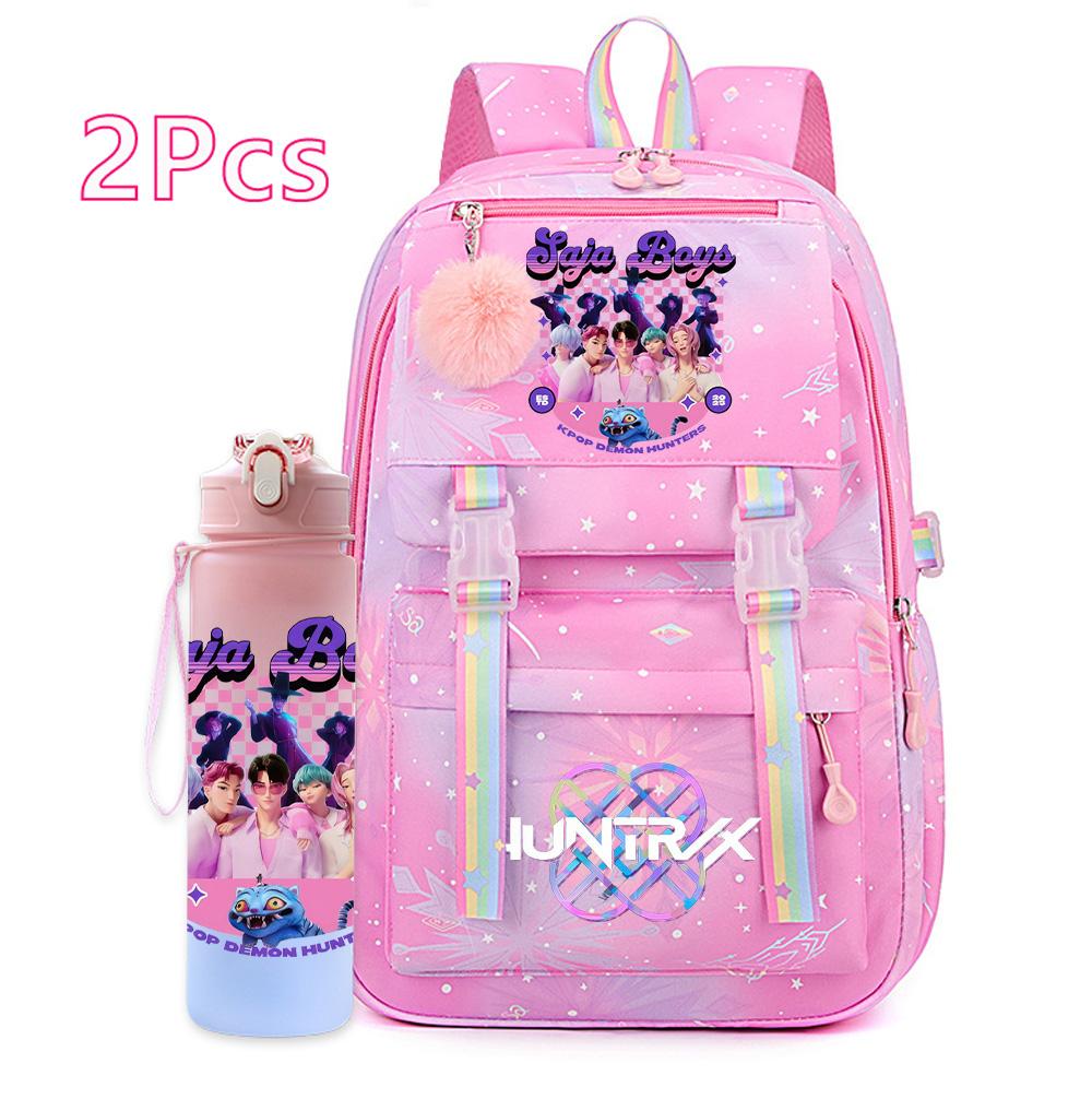 2Pcs/set New Anime Kpop Printed Backpack with 750Ml Water Bottler Large Capacity Travel Bag for Teenager Girl Boy Bookbag Kid Gift Large Capacity Bag