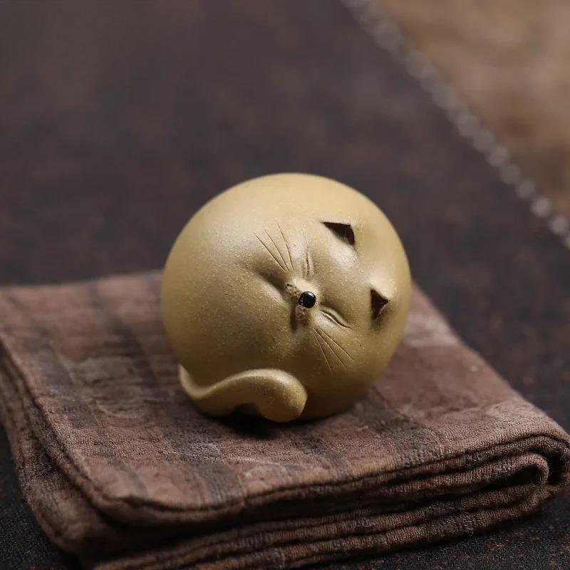 Yixing Purple Clay Cute Cat Lid Saucer Tea Pet Japanese Tea Sculpture Tea Figurine Play Toys Tea Statue Ornaments Craftsmanship