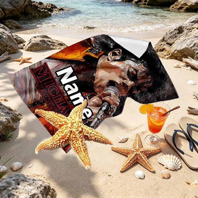 Custom Name Personalized Michael Jackson Print Beach Towel, for Trip Camping Beach Party Home Decor, Birthday Gift for Family & Friends