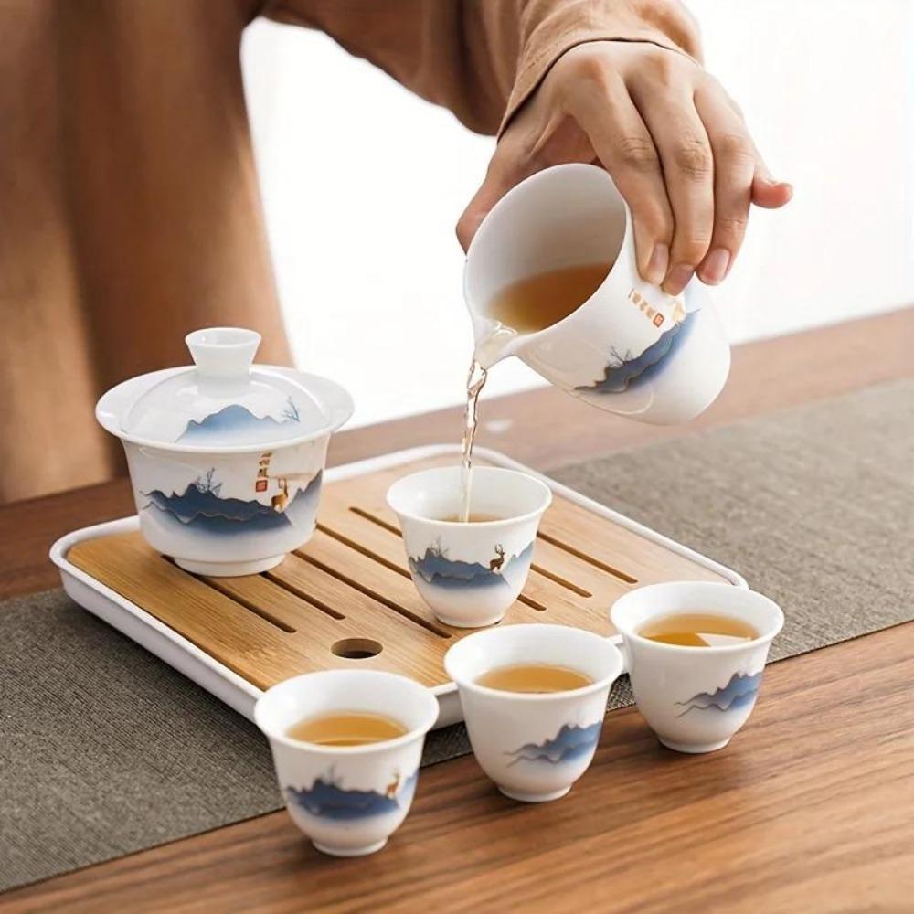 Ceramic Chinese Kung Fu Tea Set Suitable For Travel Camping Portable  Gaiwan Tea Tray With 4 Tea Cups Tea Infuser