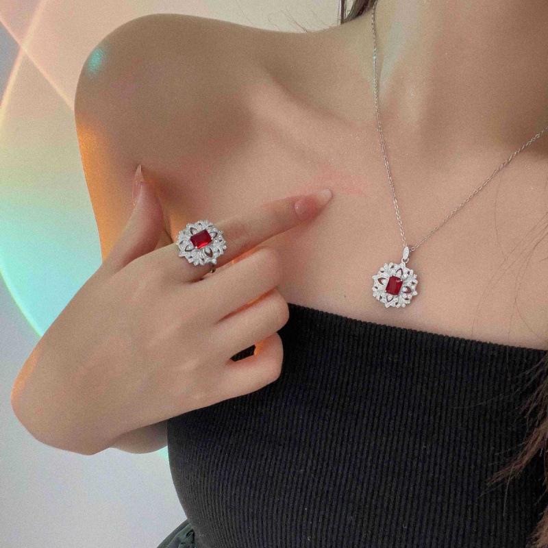 Hollow Gemstone Set: Ruby Ring, Necklace & Earrings for Women