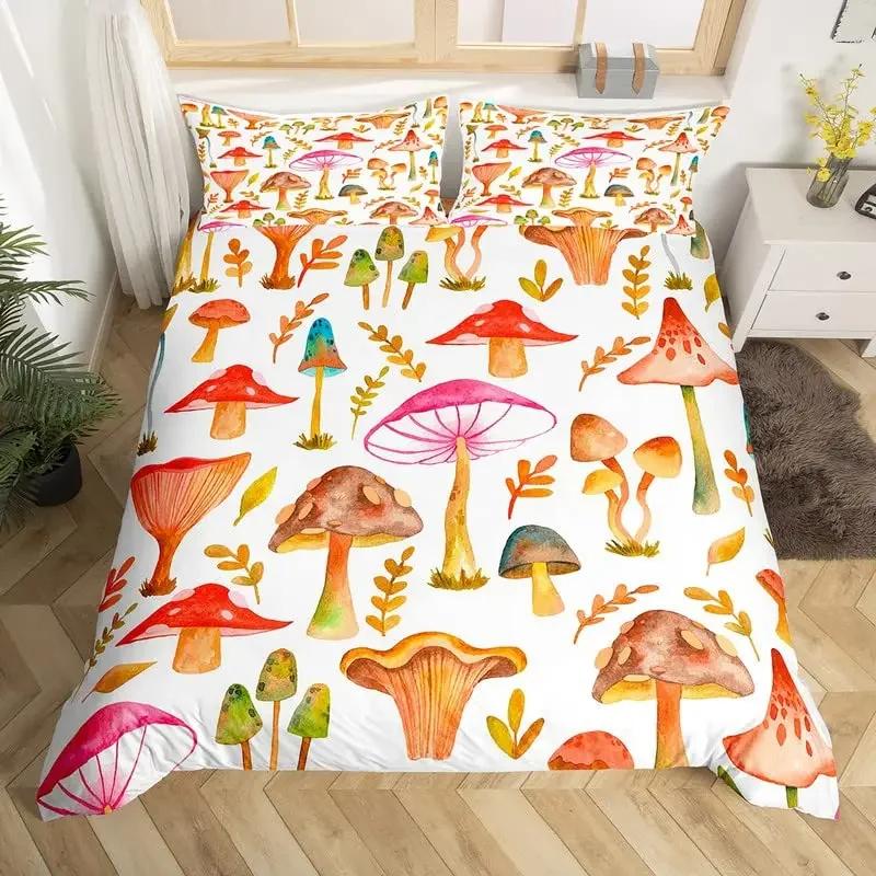 Cute Mushroom Duvet Cover Set Microfiber Hippie Theme Exotic Plant Mushrooms Bedding Set Kawaii Fungus Comforter Cover Twin King