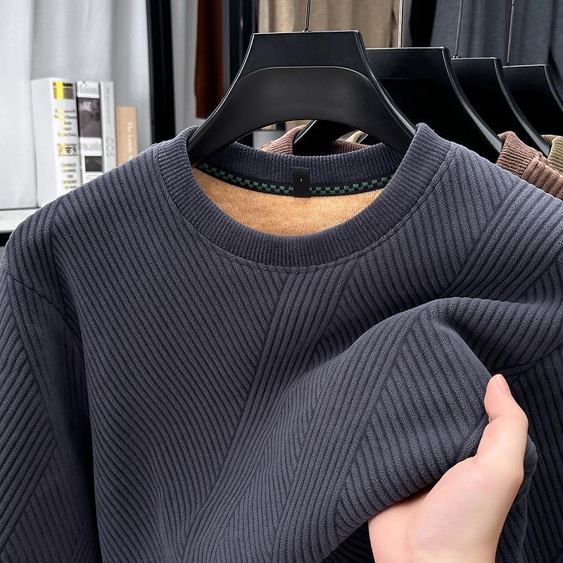 Men's Fashion Long-Sleeve Velvet Warm Hoodie - Autumn/Winter Round Neck Knit Casual Top