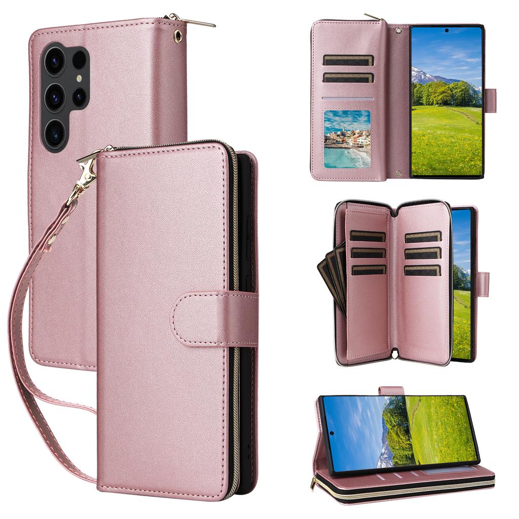 R20 For Samsung Galaxy S23 Ultra Case Zipper PU Leather Phone Cover with Straps