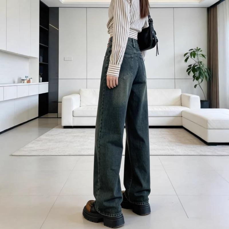 Fleece Thickened Cement Wide-leg Jeans Autumn and Winter New Straight High Waist Loose and Thin Mopping Women's Pants