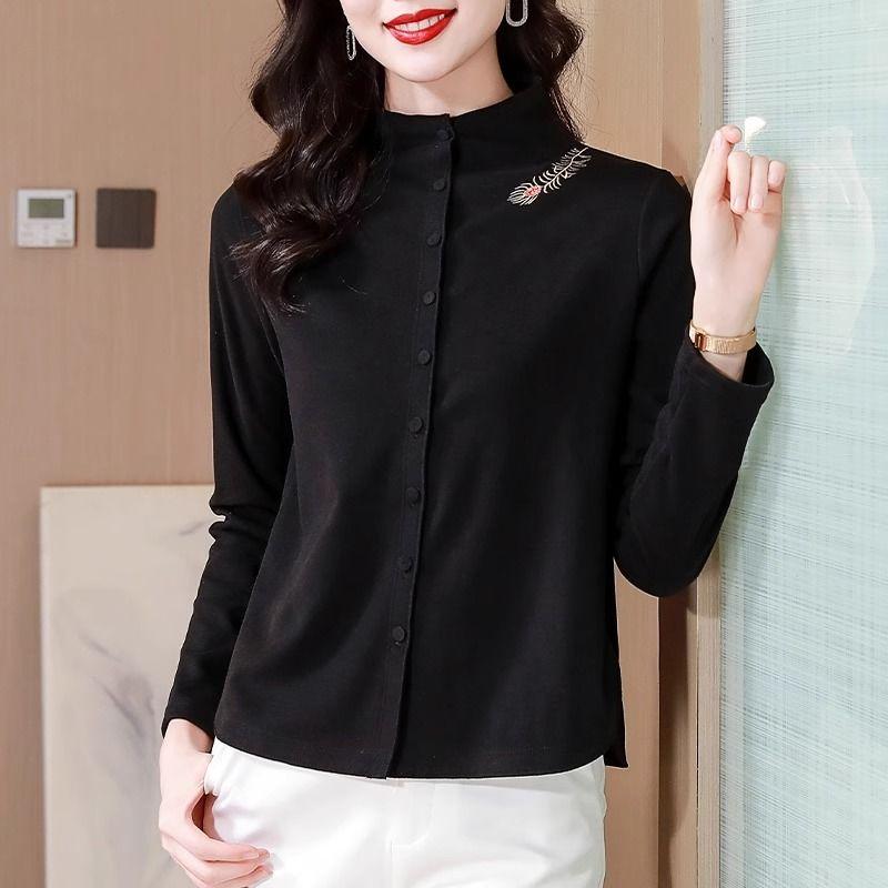 

Рубашка из немецкого бархата с воротником-полустойкой с начесом для женщин, новый стиль осени и зимы, короткая куртка, ретро-вышитый топ L чёрный