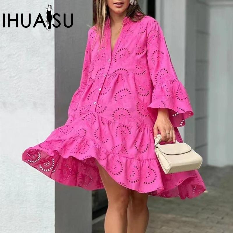 

IHUASU летнее модное однотонное женское платье на пуговицах с v-образным вырезом