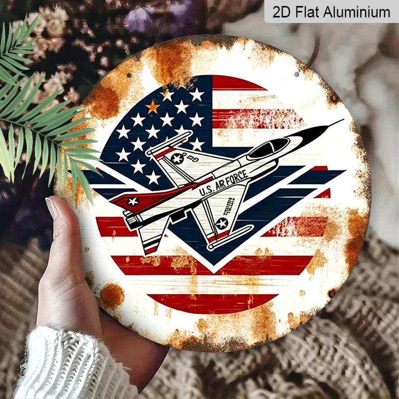2D Flat, 1pc U.S. Air Force Patriotic Metal Sign, Vintage Flag & Jet Design, Great for 4th of July, Memorial Day, Veterans Day, Patriotic Decor, Man