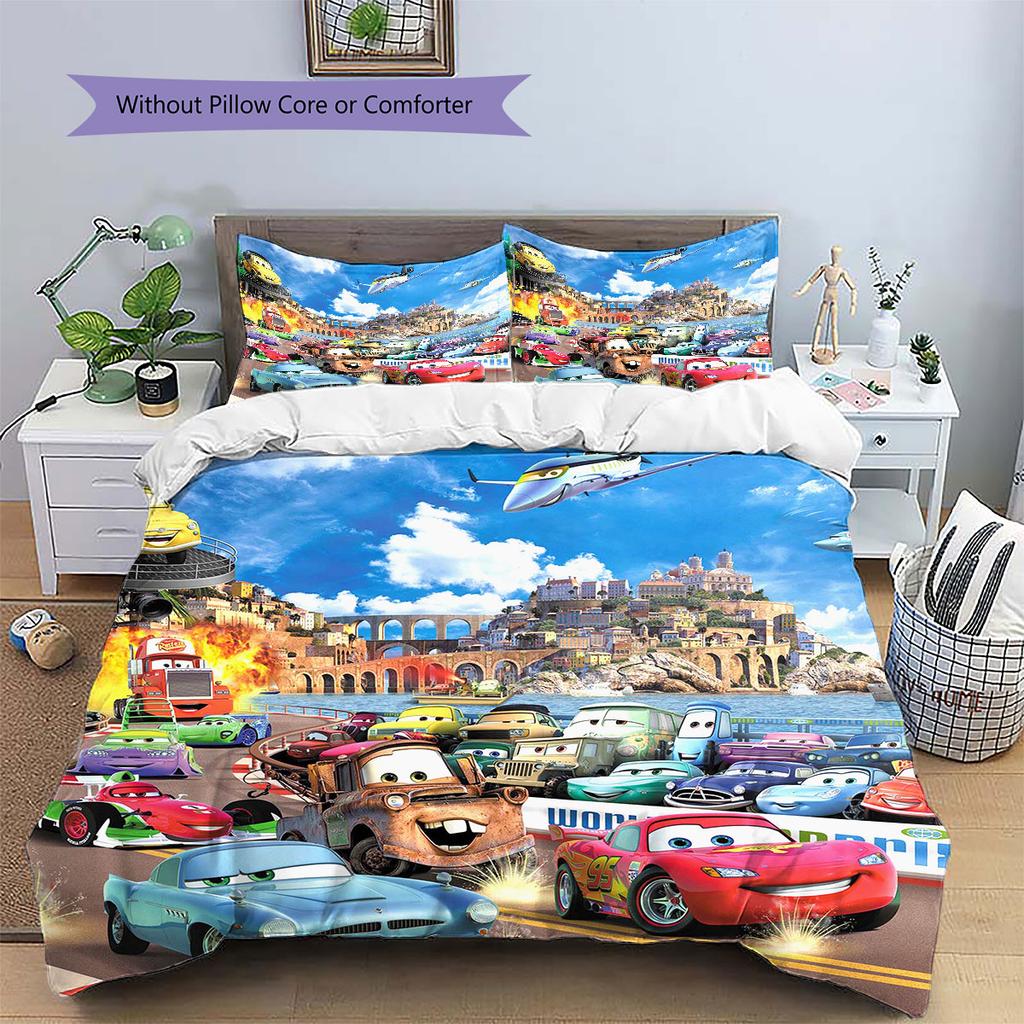 Dreiteiliges Bettwäsche-Set mit Cars-Cartoon-Print, bestehend aus Bettbezug und Kissenbezügen, weich und atmungsaktiv, Bettdecke nicht enthalten.