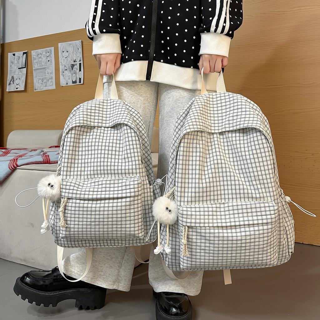Schoolbag casual large capacity backpack ins style fashion girl Korean version plaid simple college student schoolbag travel backpack
