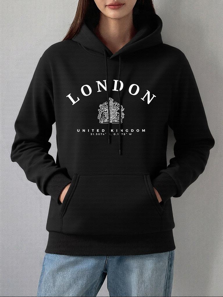 London Uk Royal Badge Prints Hoodies Women Comfortable Loose Sweatshirt Winter Fleece Warm Pullovers Casual Pocket Woman Clothes
