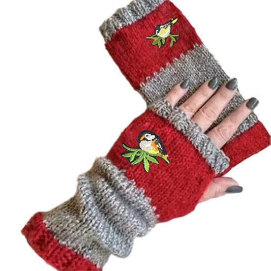 Embroidered Birds Fingerless Gloves Color-Block Knitted Warm Gloves Stretchy Mittens with Thumb