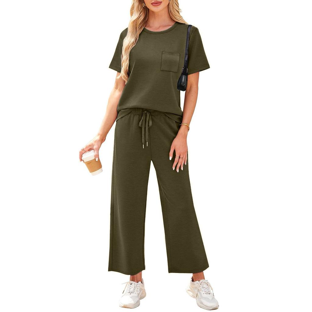 Women's Casual Fashion Short Sleeve Loose Wide Leg Pants Round Neck Suit
