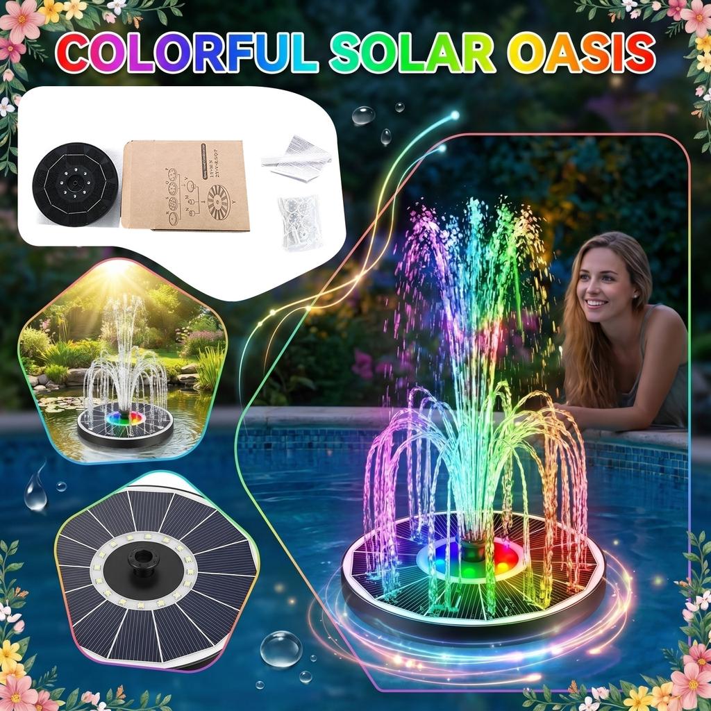 16cm Round Solar Fountain Pump Outdoor Garden Water Pool Decoration with RGB LED Lights and Solar Panel Powered Water Sprayer for Pond