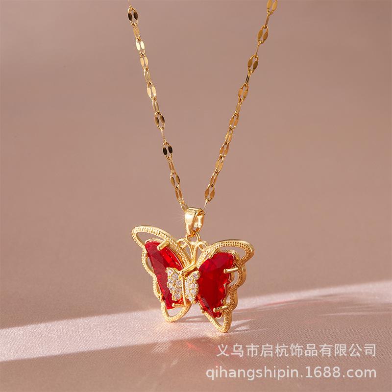 Butterfly Necklace Women'S Light Luxury Simple Personality Trend Inlaid Colorful Pendant Collarbone Chain