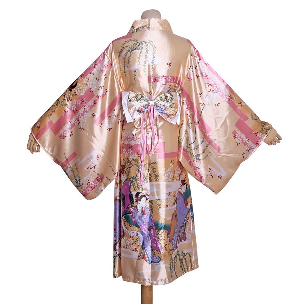Long Kimono Japanese Stage Costume with Japanese Pattern Women's Dress, Ukiyo-e Style, Yukata, Geisha, Dance, (KL06-Light Gold)