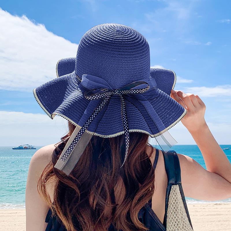 Straw hat women's summer versatile sunscreen sun hat fashion polka dot bow streamer sun hat beach hat women