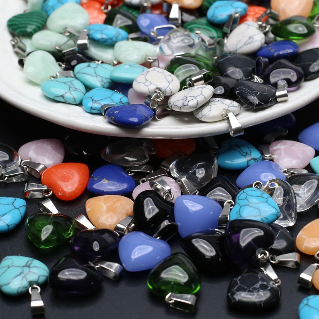 10Pcs, Natural Stone Heart Pendant, Spiritual Healing Crystal Turquoise Agate Amethyst Gems Charms for Jewelry Making DIY Necklace Accessories Crafts