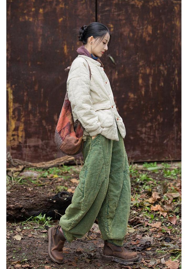 2025 Winter Women's Quilted Ramie Jacket with Frog Button and Stand Collar