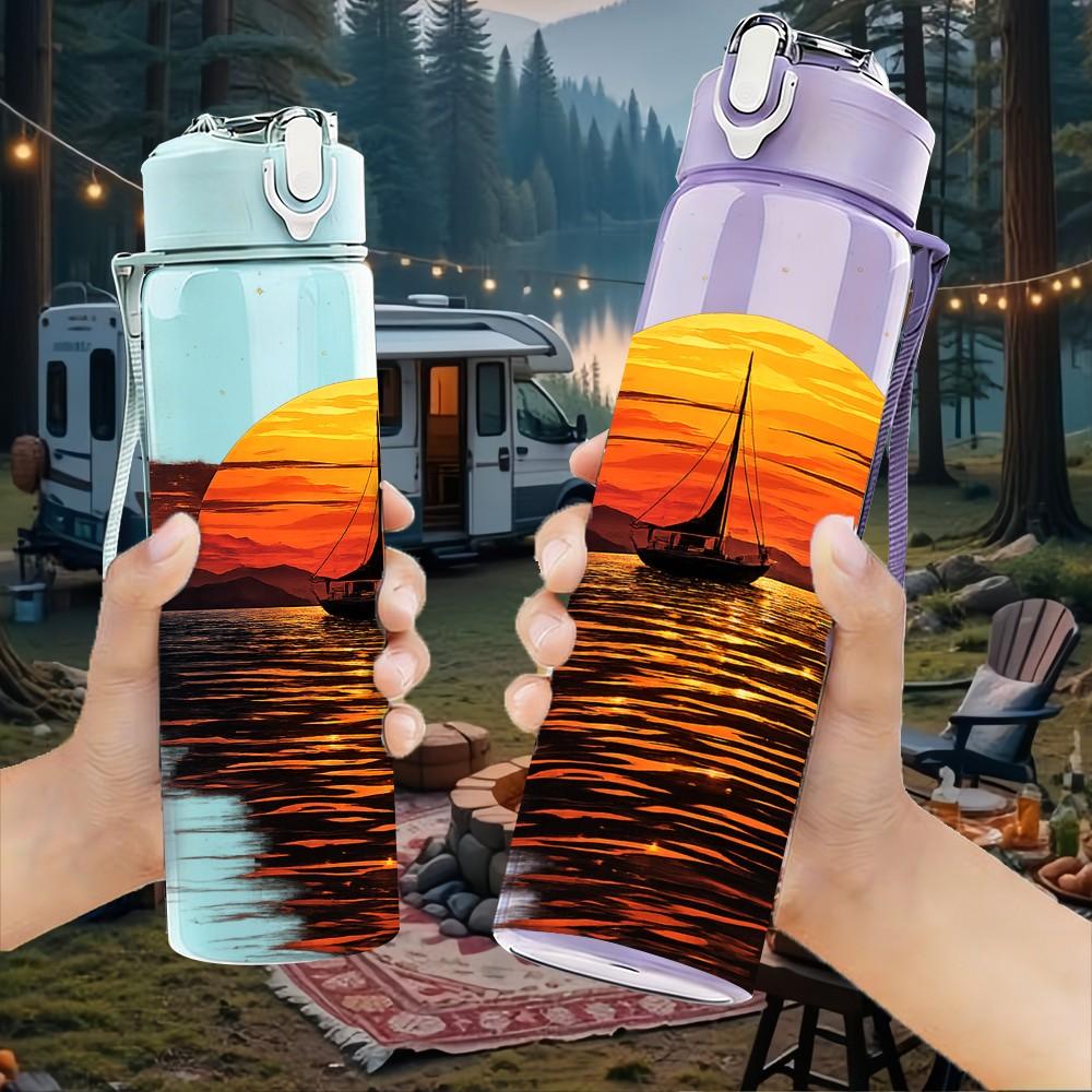 1PC Sunset Ocean Boat Water Scenery Print 750ml Color Plastic Sports Water Bottle Leakproof Flip Straw Lid Suitable for Sports Office Home Use