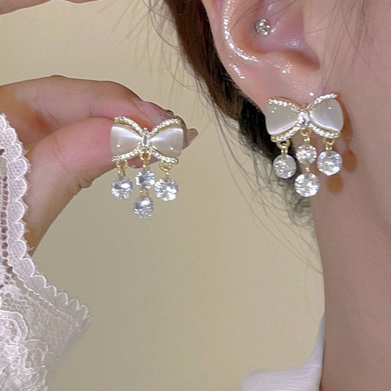 

Design Sense Delicate Opal Bow Earrings Women s, Silver Needle Versatile Temperament Crystal Fringed Earrings Earrings 925 silver needle