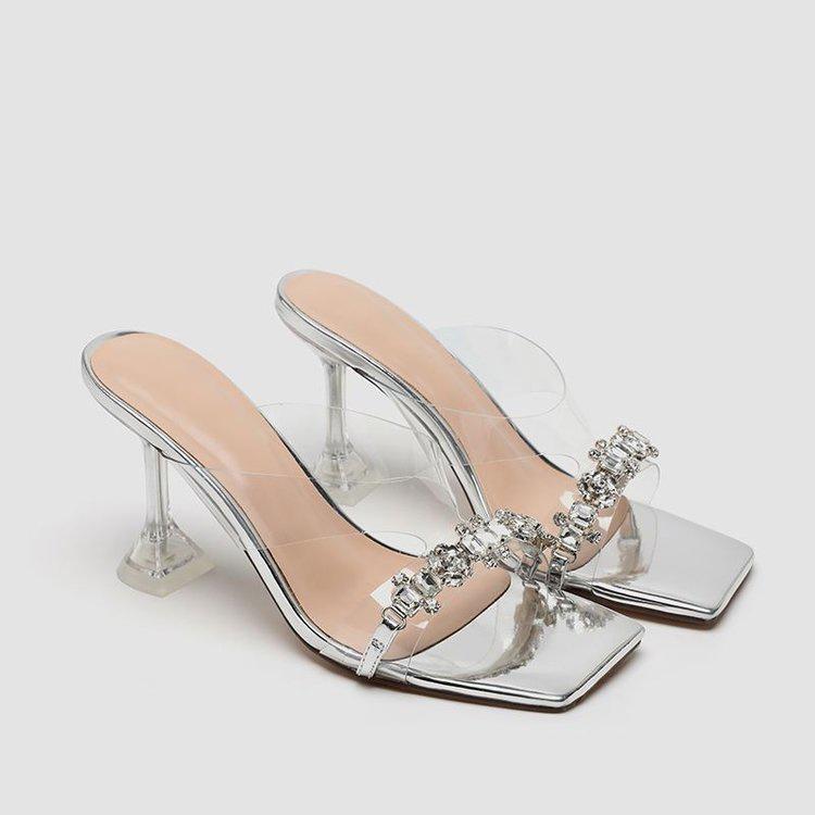 Rhinestone thick heel sandals 2025 summer new one-word with transparent sequins square head high heel sandals celebrity style women's shoes