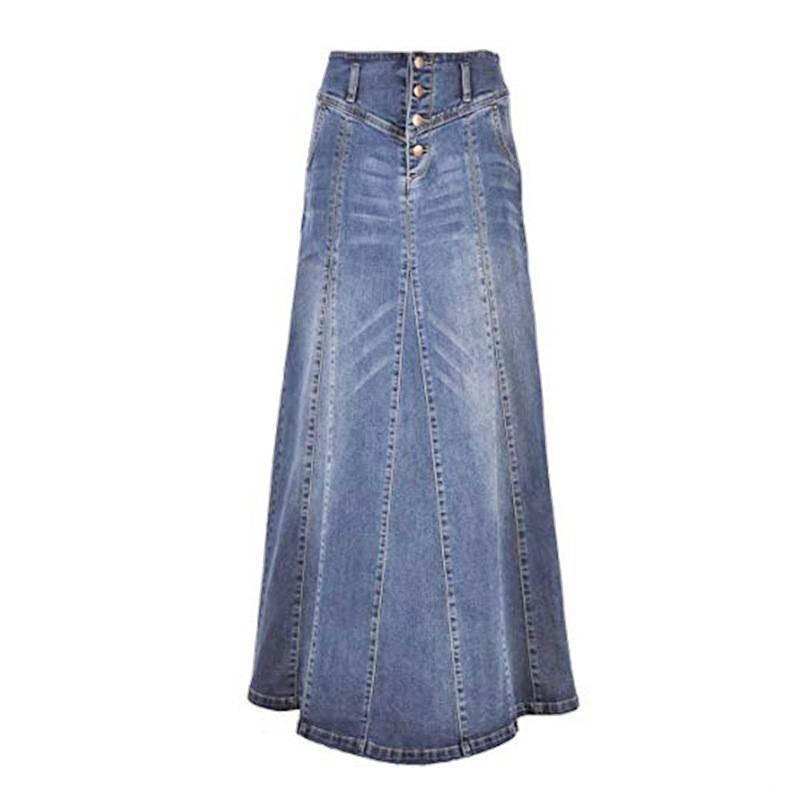 Women Autumn High Waist Vintage Denim Skirt Streetwear A Line Washed Solid Color Pockets Buttons Long Skirts