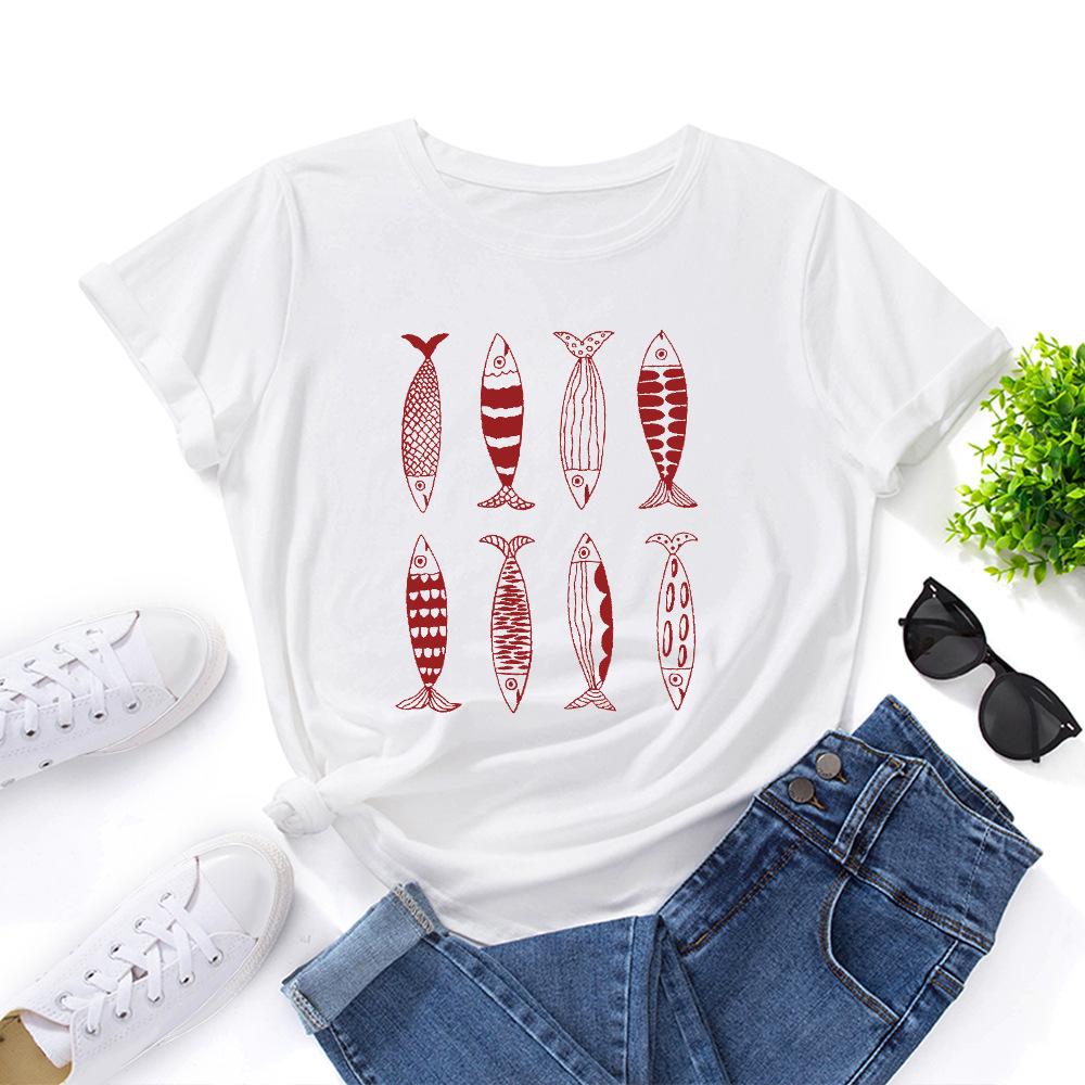 Cotton T-Shirt Short Sleeve Round Neck Women 2d Print Tops