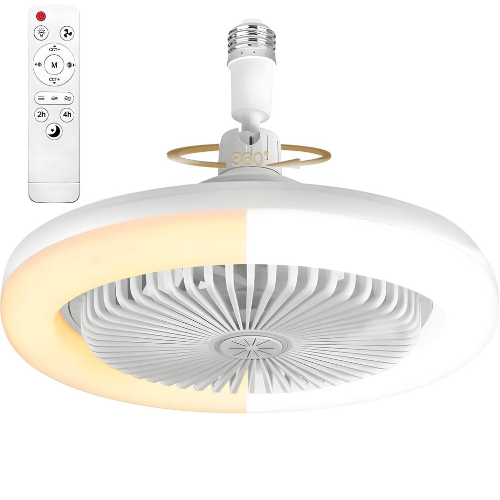 Kompaktní LED stropní ventilátor se světlem, E26, s dálkovým ovládáním, plynulá regulace stmívání a barvy, 3 úrovně rychlosti ventilátoru, časovač, nastavitelný úhel, snadná