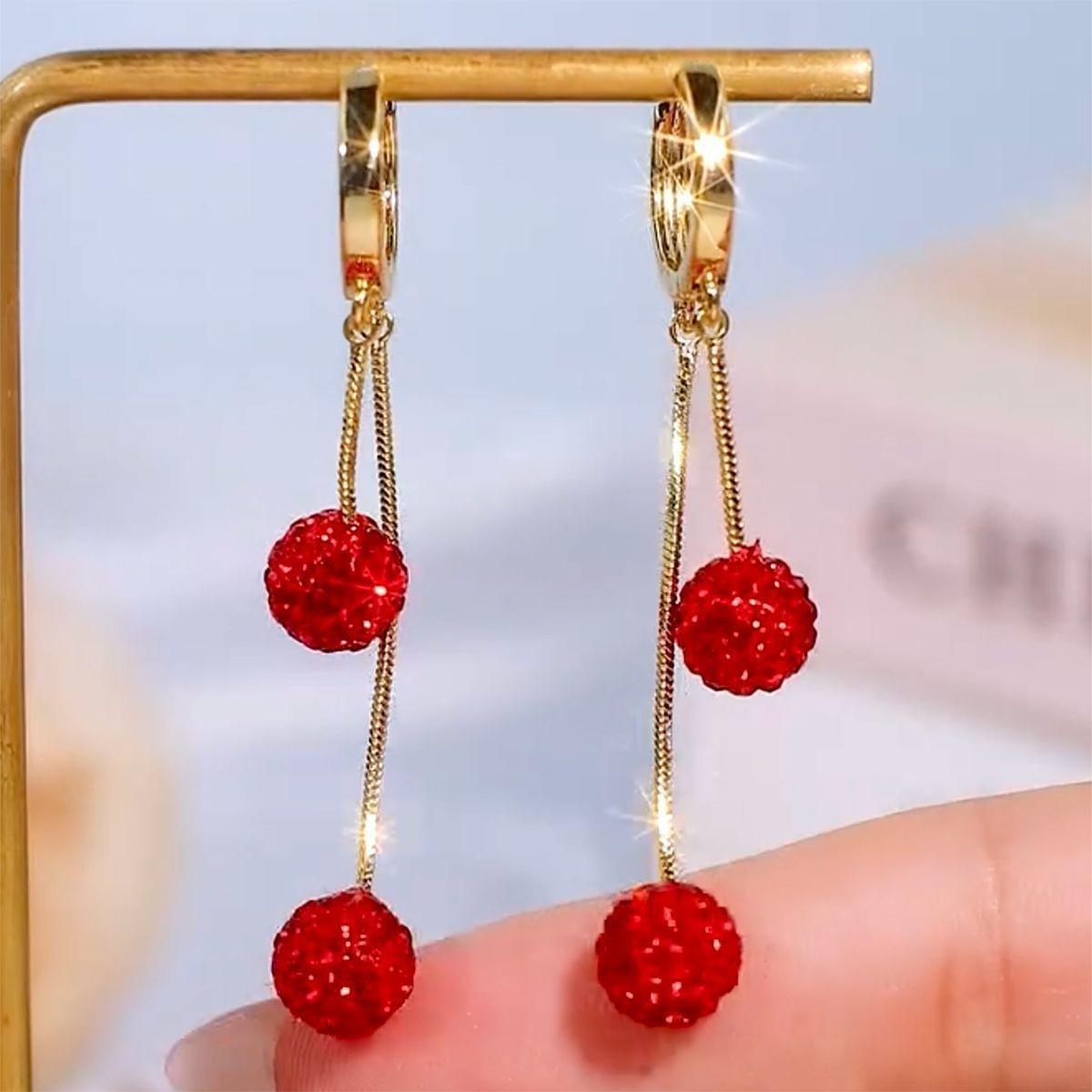 Elegant Red Diamond Tassel Ear Cuff - Festive, High-End Chinese Design