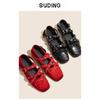 The owner's own version~ Red cross-strap bow small single shoes women's new shallow rivet flat-soled ballet shoes