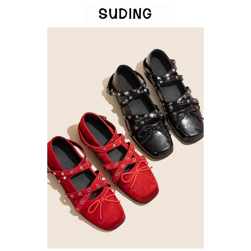 The owner's own version~ Red cross-strap bow small single shoes women's new shallow rivet flat-soled ballet shoes