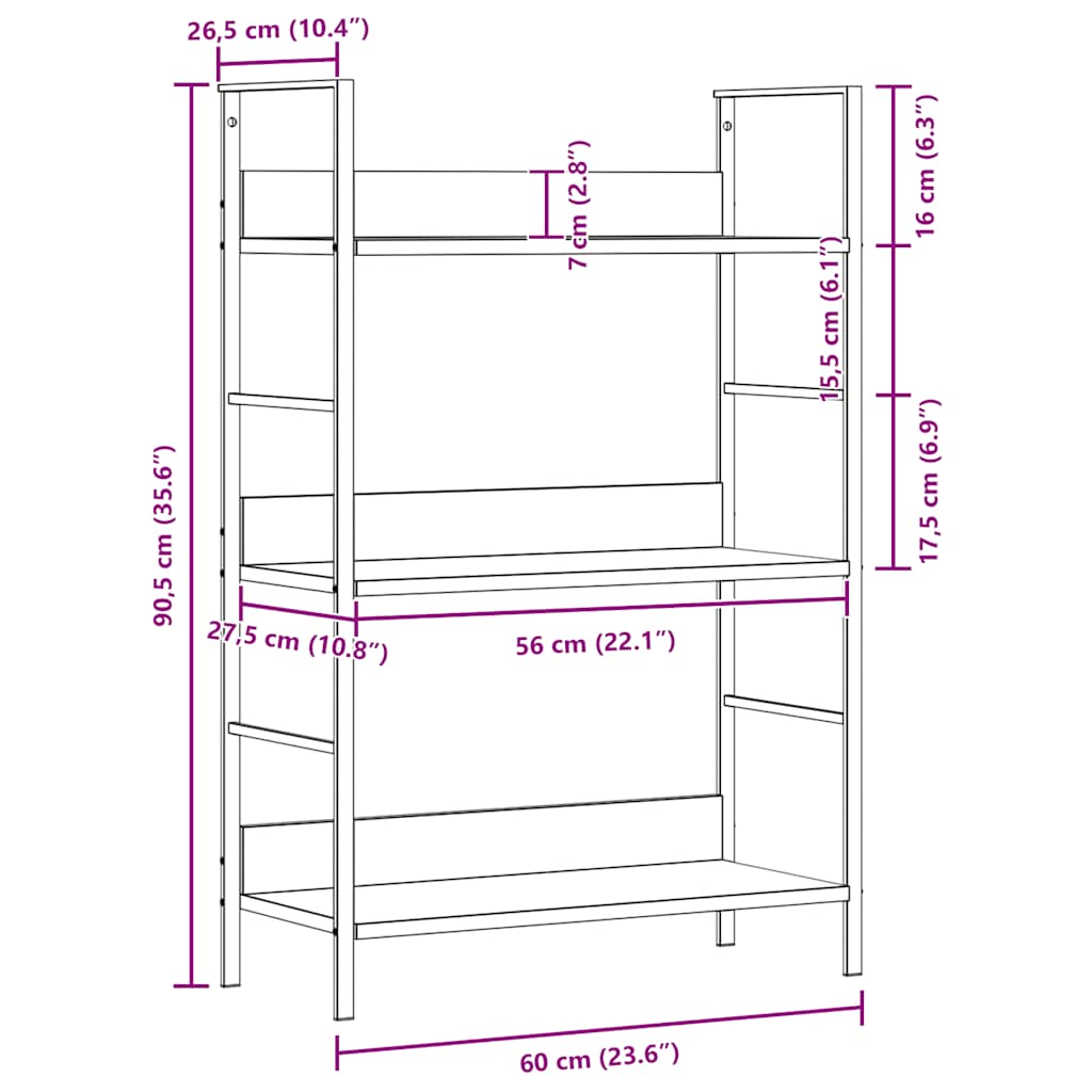 Bookshelf with 3 Shelves Oak Finish 60 * 27.6 * 90.5 cm Engineered Wood