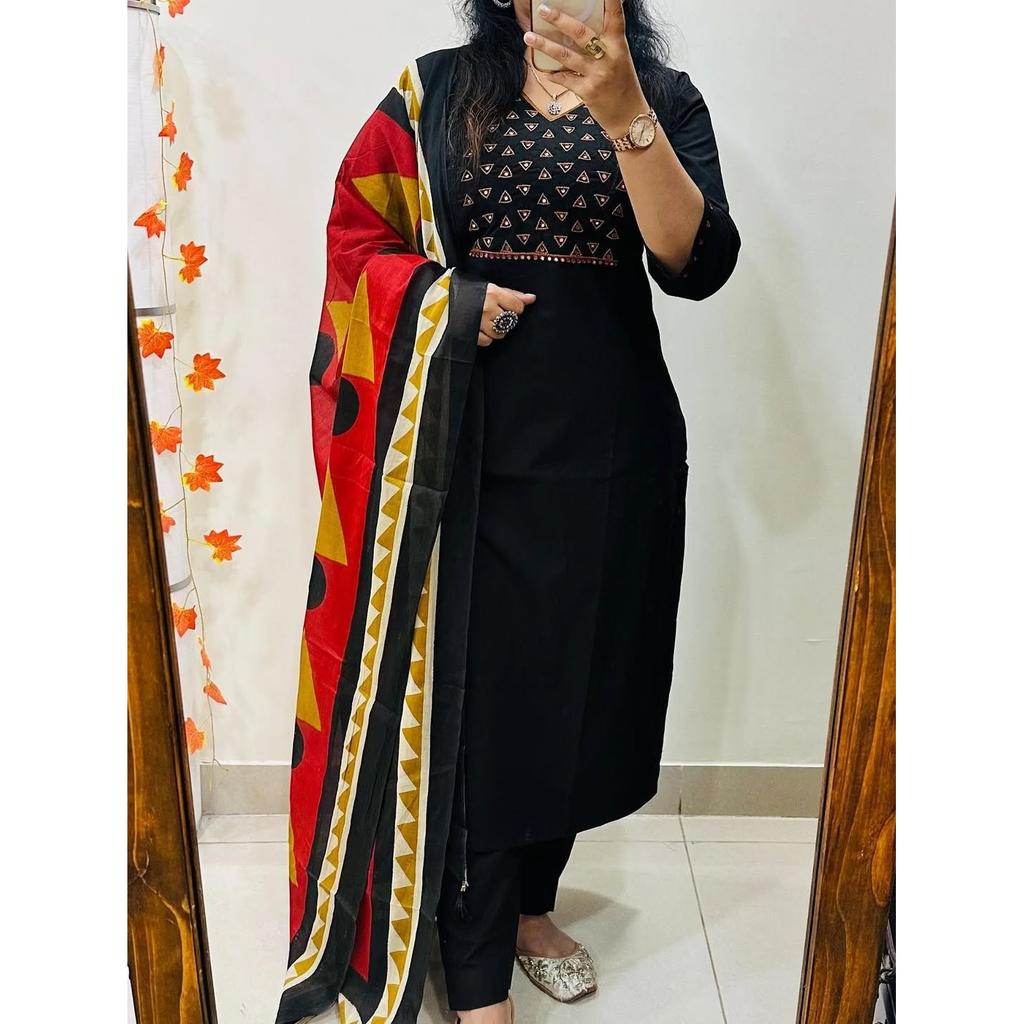 Black Heavy Cotton Ethnic Salwar Kameez Women Designer Kurta Pant Dupatta Set