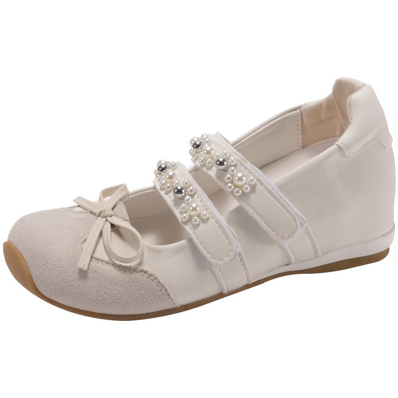 Niche design sense ballet style pearl Mary Jane shoes women's summer fashion bow rhinestone square head casual shoes
